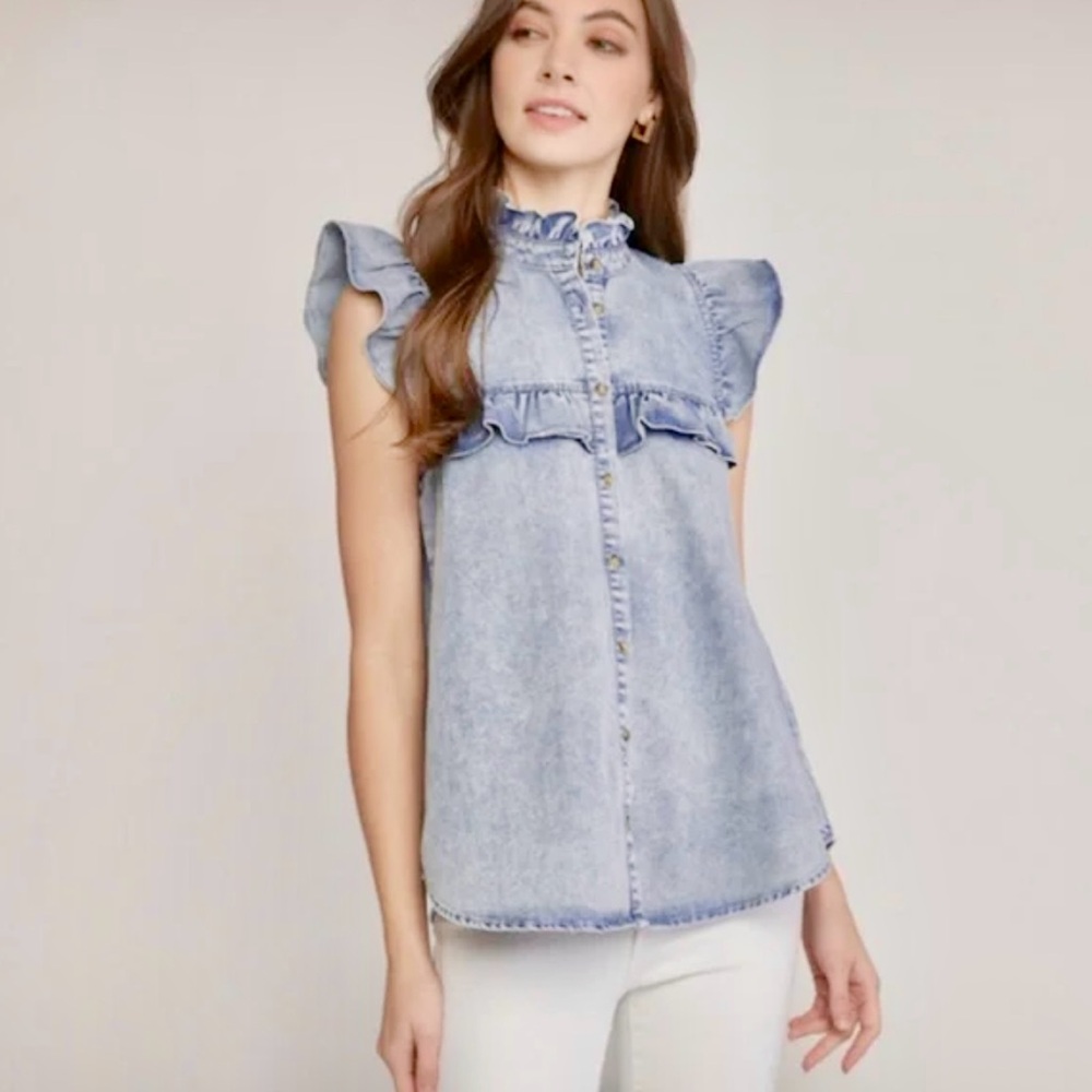 Entro Denim Short Sleeve Ruffle Button Up Jean Blouse Shirt size Small
